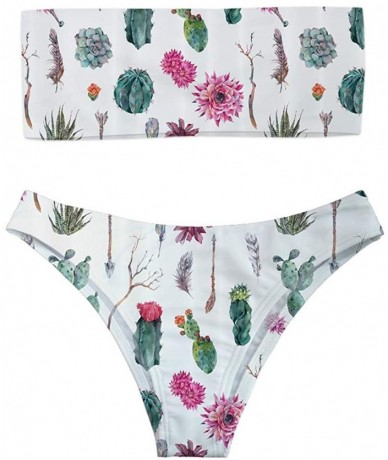 Sets Women's Strapless Vintage 90s Chic Printed Bandeau Bikini Thong Floral 2 Pieces Bathing Suits - Cactus & Flower - CY18QW...