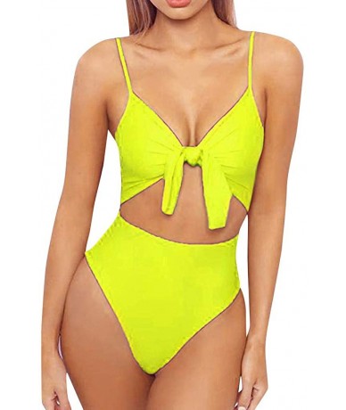 Cover-Ups Womens High Waisted Bikini Bottoms Spaghetti Strap Tie Knot Front Cutout High Cut One Piece Swimsuit Swimwear Yello...