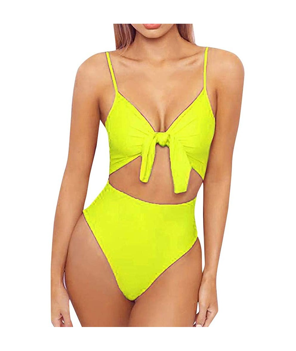 Cover-Ups Womens High Waisted Bikini Bottoms Spaghetti Strap Tie Knot Front Cutout High Cut One Piece Swimsuit Swimwear Yello...