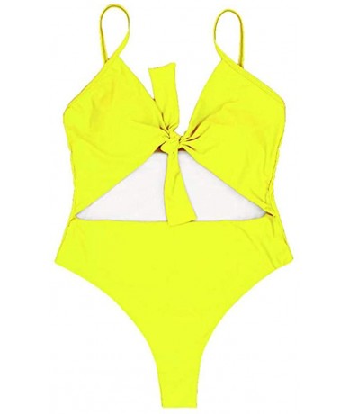 Cover-Ups Womens High Waisted Bikini Bottoms Spaghetti Strap Tie Knot Front Cutout High Cut One Piece Swimsuit Swimwear Yello...