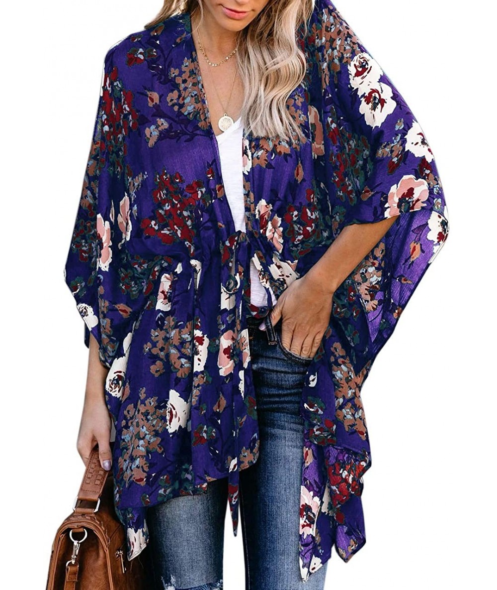 Cover-Ups Womens Boho Floral Kimono Cardigans 3/4 Sleeve Flowy Chiffon Summer Loose Belt Cover Up Blouse - Blue - CM193TOR56Q...