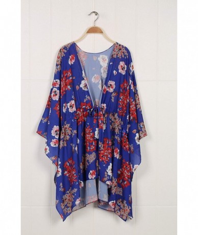 Cover-Ups Womens Boho Floral Kimono Cardigans 3/4 Sleeve Flowy Chiffon Summer Loose Belt Cover Up Blouse - Blue - CM193TOR56Q...