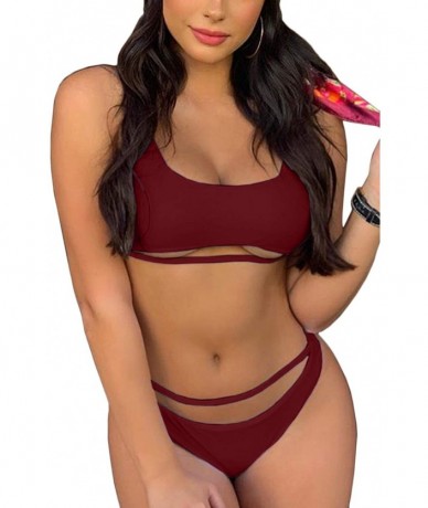 Sets Two Piece Swimsuits for Women Sexy Low Scoop Neck Cropped High Waist Thong Bathing Suits Wine S - C118EMN67RL $35.92