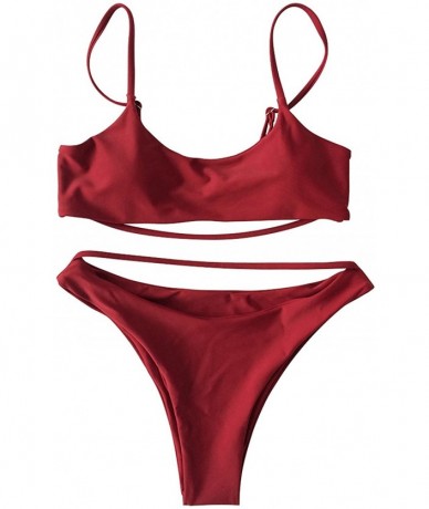 Sets Two Piece Swimsuits for Women Sexy Low Scoop Neck Cropped High Waist Thong Bathing Suits Wine S - C118EMN67RL $35.92