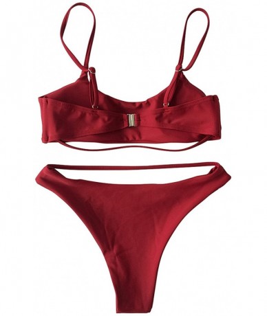 Sets Two Piece Swimsuits for Women Sexy Low Scoop Neck Cropped High Waist Thong Bathing Suits Wine S - C118EMN67RL $35.92