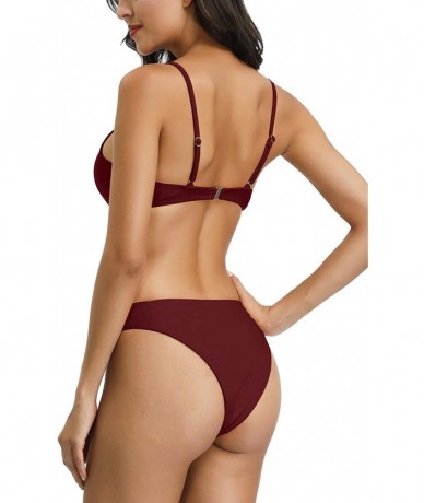 Sets Two Piece Swimsuits for Women Sexy Low Scoop Neck Cropped High Waist Thong Bathing Suits Wine S - C118EMN67RL $35.92