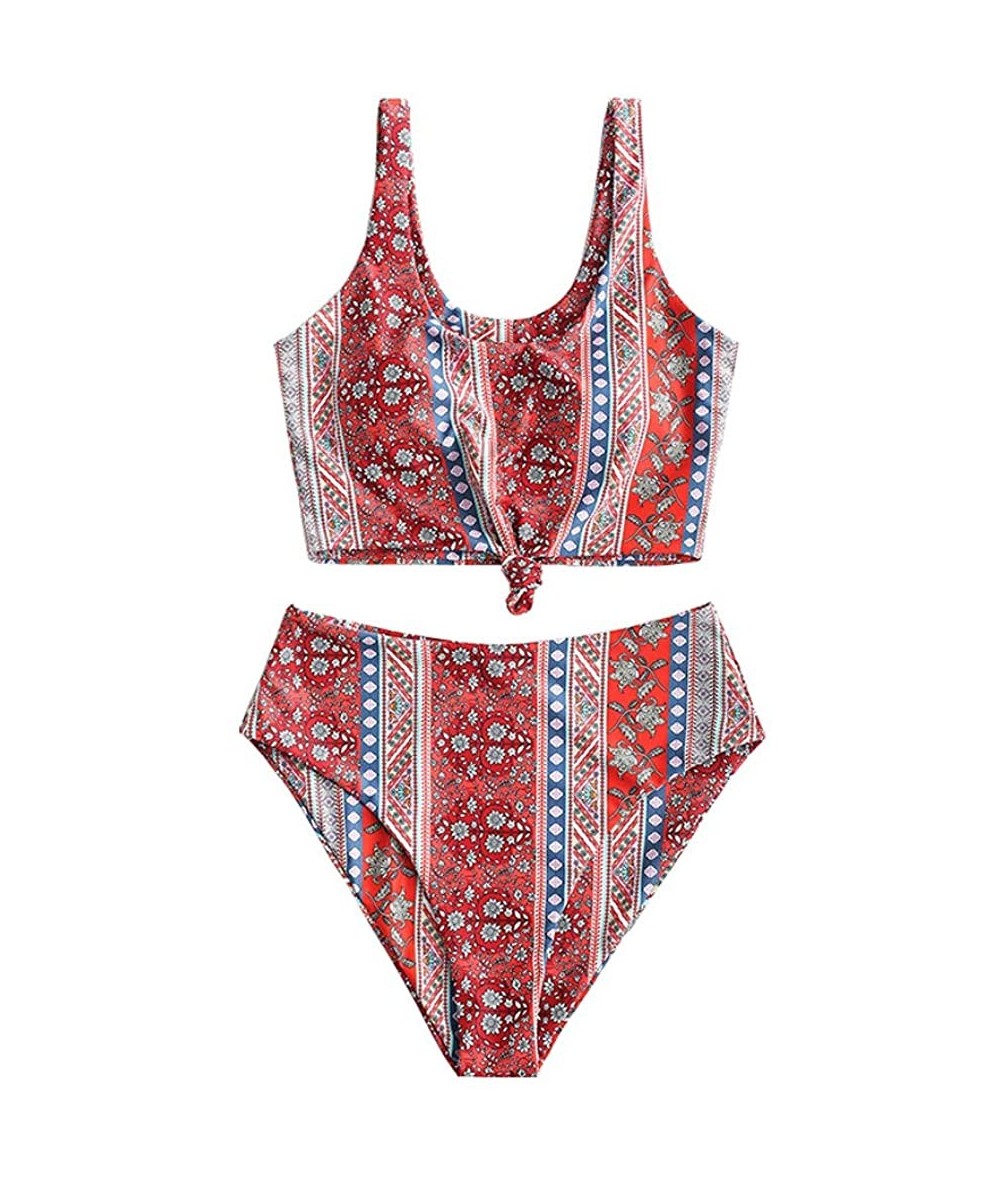 Sets Women's Criss Cross Sunflower Printed Tankini Set High Waisted Swinsuit Bathing Suits - Retro 2 - CZ19E9792G6 $40.44