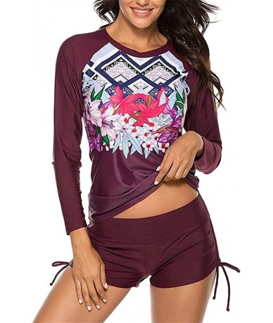 Rash Guards Womens Long Sleeve Vibrant Print Rashguard Shirt Side Ties Color Block Tankini Swimsuit - Wine9190 - CR196ULYIRT ...