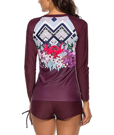 Rash Guards Womens Long Sleeve Vibrant Print Rashguard Shirt Side Ties Color Block Tankini Swimsuit - Wine9190 - CR196ULYIRT ...