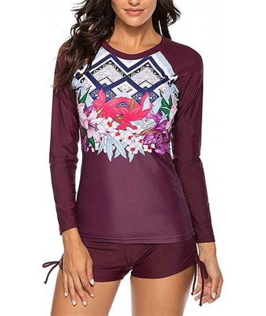 Rash Guards Womens Long Sleeve Vibrant Print Rashguard Shirt Side Ties Color Block Tankini Swimsuit - Wine9190 - CR196ULYIRT ...