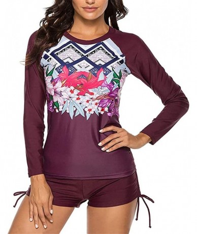 Rash Guards Womens Long Sleeve Vibrant Print Rashguard Shirt Side Ties Color Block Tankini Swimsuit - Wine9190 - CR196ULYIRT ...