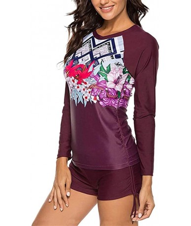 Rash Guards Womens Long Sleeve Vibrant Print Rashguard Shirt Side Ties Color Block Tankini Swimsuit - Wine9190 - CR196ULYIRT ...