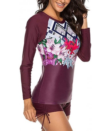 Rash Guards Womens Long Sleeve Vibrant Print Rashguard Shirt Side Ties Color Block Tankini Swimsuit - Wine9190 - CR196ULYIRT ...