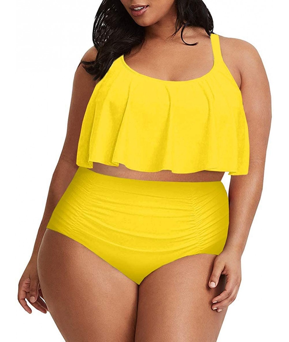 Sets Womens 2 Piece Plus Size Swimwear Ruffle Tankini Tops High Waisted Tummy Control Bottom Solid Swimsuits 2 Yellow - CN196...