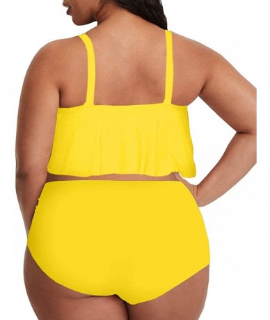 Sets Womens 2 Piece Plus Size Swimwear Ruffle Tankini Tops High Waisted Tummy Control Bottom Solid Swimsuits 2 Yellow - CN196...