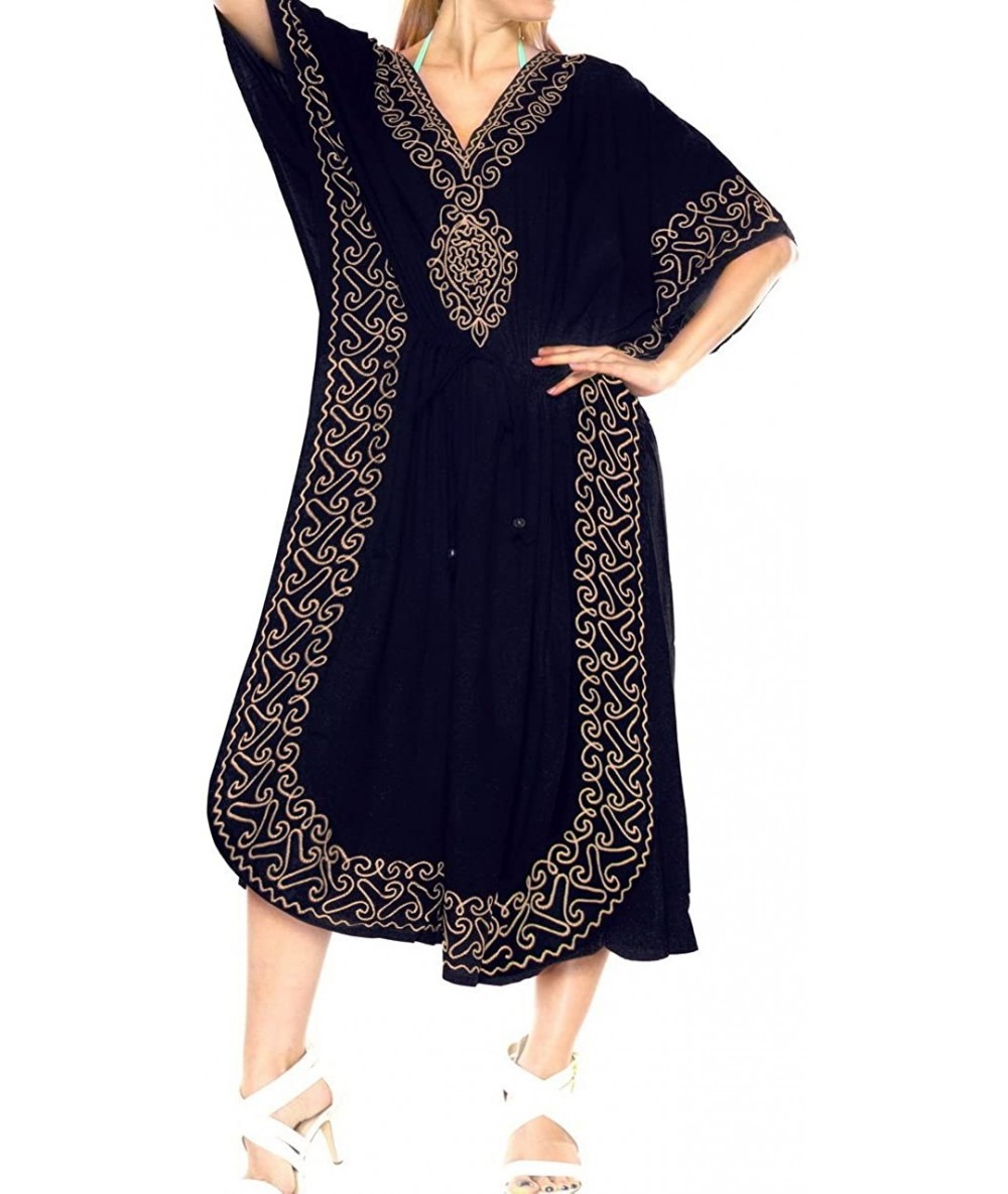 Cover-Ups Women's Maxi Caftan Loungewear Nightwear Swim Cover Ups Embroidered - Navy Blue_m53 - CH12MHXEYWT $46.85