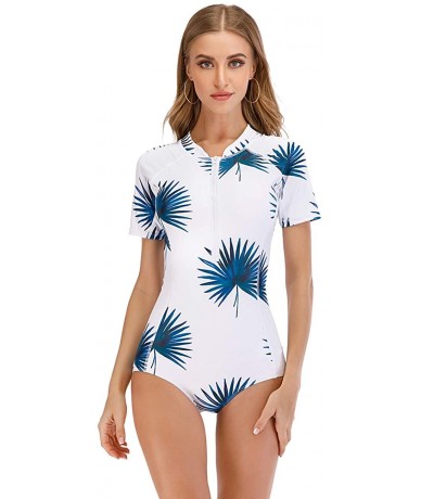 Rash Guards Women's Zip Front Printed Rashguard Swimsuit Sun Protection One Piece Swimwear - 5 Blue - C7190EQ5YCY $47.07