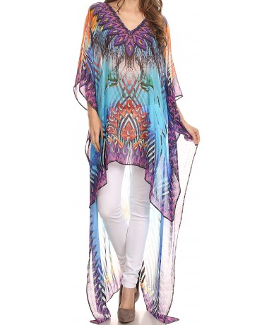 Cover-Ups Zeke Hi Low V-Neck Caftan Dress Printed Top Cover/Up - Turq Purple / Multi - CD12DEE0MQH $72.81