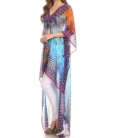 Cover-Ups Zeke Hi Low V-Neck Caftan Dress Printed Top Cover/Up - Turq Purple / Multi - CD12DEE0MQH $72.81