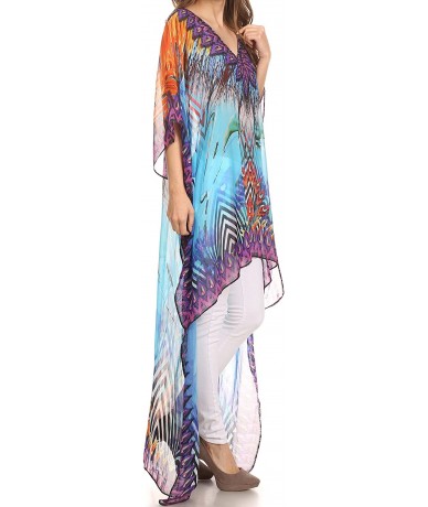 Cover-Ups Zeke Hi Low V-Neck Caftan Dress Printed Top Cover/Up - Turq Purple / Multi - CD12DEE0MQH $72.81