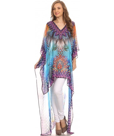 Cover-Ups Zeke Hi Low V-Neck Caftan Dress Printed Top Cover/Up - Turq Purple / Multi - CD12DEE0MQH $72.81