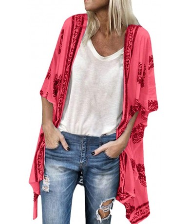 Cover-Ups Shawl Blouse- Floral Print Sheer Sun Protection Boho Top Cardigan Cover Ups - Red - CG18TCWH3TS $26.00