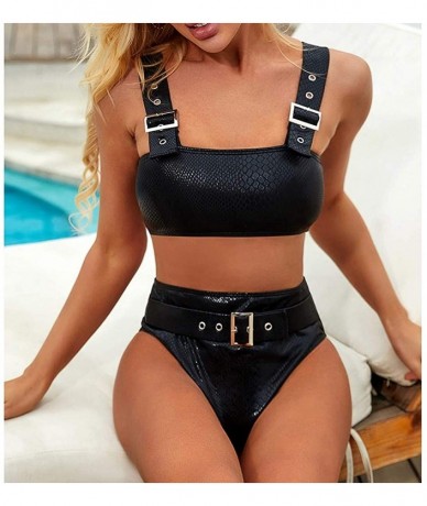 Sets Womens Swimsuit Sexy Two Pieces High Waisted Buckle Swimwear Novel Bathing Suit Bikini - Black - CQ195OWRMN8 $43.52