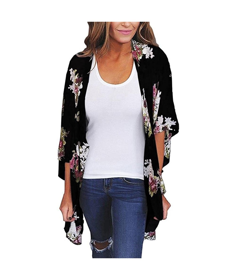 Cover-Ups Womens Chiffon Loose Long Shawl Coat-Beach Cover Up Swimwear Blouse Bikini Cardigan - Black Print - CZ18G3W3H7W $22.51