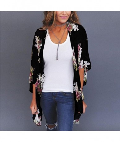 Cover-Ups Womens Chiffon Loose Long Shawl Coat-Beach Cover Up Swimwear Blouse Bikini Cardigan - Black Print - CZ18G3W3H7W $22.51