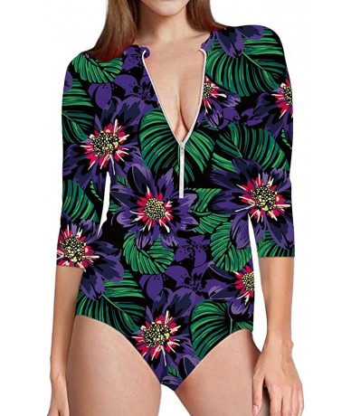 Rash Guards Hawaii Women's One-Piece Surfing Swimsuit Seven-Quarter Sleeve Front Zip Sun Protection Bathing Suit - Hawaii 6 -...