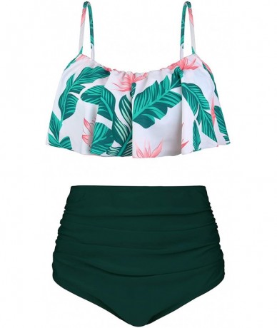 Sets Women Vintage Flounce Two Piece Swimsuits High Waisted Bathing Suits - Dark Green - CQ18M0USMAI $59.46