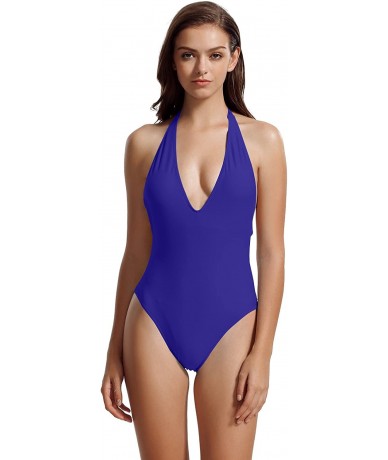 One-Pieces Women's Deep V Neckline One Piece Swimsuit Bathing Suit - Smouldering Navy - CV185ETI2U2 $41.44