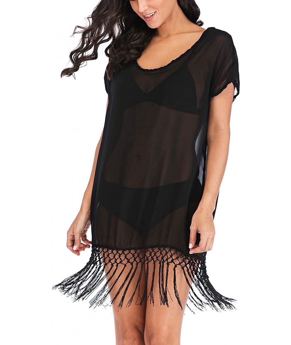 Cover-Ups Women Chiffon Tassel Swimwear Bikini Stylish Swimsuit Beach Cover up - Black(with Tassels ) - C318RSI5WKX $24.38