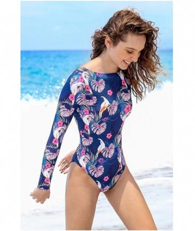 One-Pieces Women's Sexy Slim Fit Long Sleeve Crewneck Printed Swimsuit Bare Back Lacing-up Bodysuit - Blue - CA195KITCX7 $26.10