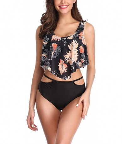 Sets Woemn Bikini Two Piece High Waisted Swimsuit Ruffled Flounce Tassel Bathing Suits - Flower + Black - CZ18WAAAGMS $41.51