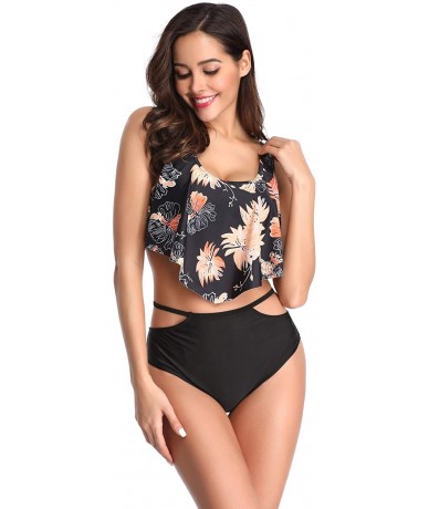 Sets Woemn Bikini Two Piece High Waisted Swimsuit Ruffled Flounce Tassel Bathing Suits - Flower + Black - CZ18WAAAGMS $41.51