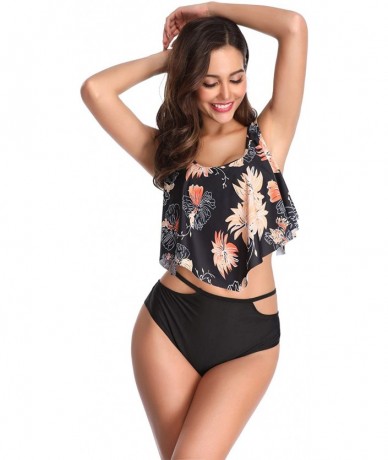 Sets Woemn Bikini Two Piece High Waisted Swimsuit Ruffled Flounce Tassel Bathing Suits - Flower + Black - CZ18WAAAGMS $41.51