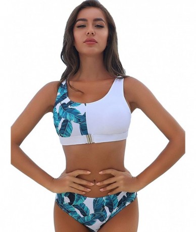 Sets Women's 2 Pieces Color Block Buckle Front Top with High Waist Bikini Set - White Blue - CO194L60MCD $33.69