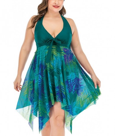 Racing Women's Two Piece Swimsuit Plus Size Swimdress Bathing Suit Mesh Printed Tankini - Olive Green - CP194Z3RQNU $50.10