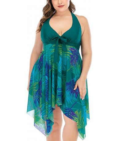 Racing Women's Two Piece Swimsuit Plus Size Swimdress Bathing Suit Mesh Printed Tankini - Olive Green - CP194Z3RQNU $50.10