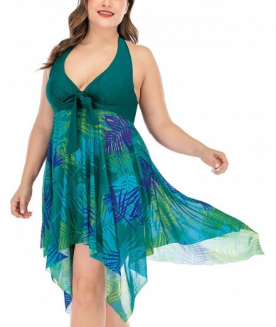 Racing Women's Two Piece Swimsuit Plus Size Swimdress Bathing Suit Mesh Printed Tankini - Olive Green - CP194Z3RQNU $50.10