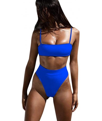 Sets Women Bandeau High Waisted Stripe Pattern Two Piece Swimsuits Bikini Set - Blue - CA18N7LYCCH $29.83