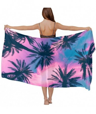 Cover-Ups Women's Swimwear Cover Ups- Summer Vacation Beach Sarong Soft Shawl Wrap - Purple Sky Palm Trees - CW19C4CX5RZ $46.97