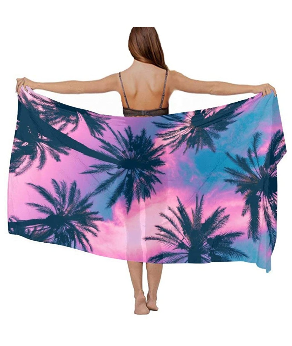 Cover-Ups Women's Swimwear Cover Ups- Summer Vacation Beach Sarong Soft Shawl Wrap - Purple Sky Palm Trees - CW19C4CX5RZ $46.97