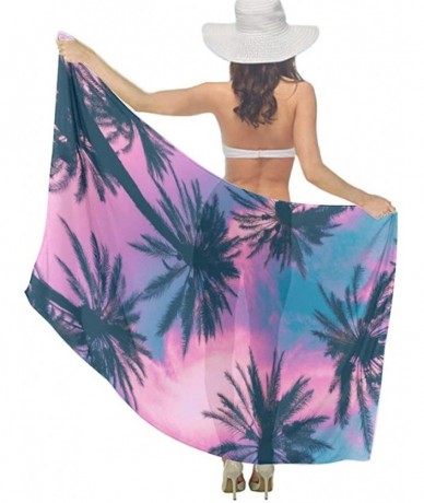 Cover-Ups Women's Swimwear Cover Ups- Summer Vacation Beach Sarong Soft Shawl Wrap - Purple Sky Palm Trees - CW19C4CX5RZ $46.97