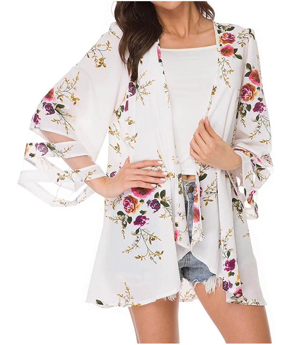 Cover-Ups Women Kimono Floral Print Cardigan Open Front 3 4 Bell Sleeve Cover Up Summer Lightweight Top - White - CA18SUWUZTH...