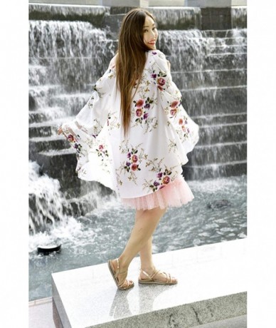 Cover-Ups Women Kimono Floral Print Cardigan Open Front 3 4 Bell Sleeve Cover Up Summer Lightweight Top - White - CA18SUWUZTH...