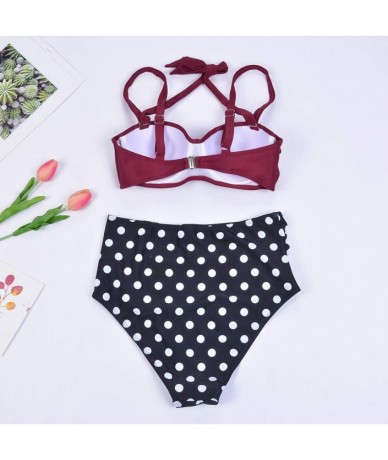 Sets Women Vintage Bikini Swimsuit Two Piece Ruched Halter Push Up Retro High Waisted Bathing Suit - Wine Red - C6194MNULES $...