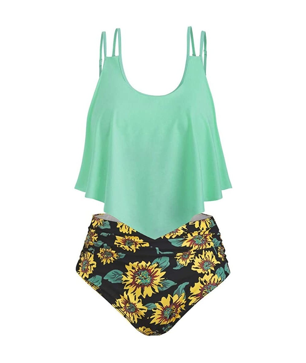 Rash Guards Women's Bikini 2Pc Ruffled Swimsuits Tankini Set - Z-1 Green - CN18TIYYUKM $40.69