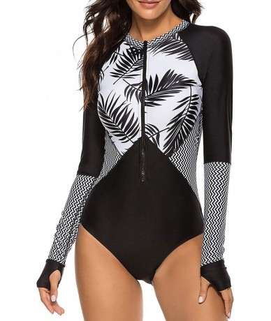 One-Pieces Women Long Sleeve High Neck Rash Guard Monokini One Piece Swimsuit - Black White - CG193G87AZE $46.18